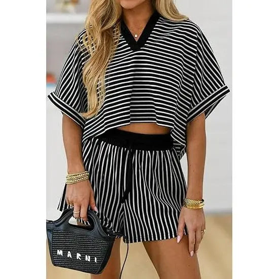 Cicy Bell Womens Striped 2 Piece Short Sets Summer Short Sleeve Collared V Neck Cropped Tops Vacation Casual Lounge Outfits