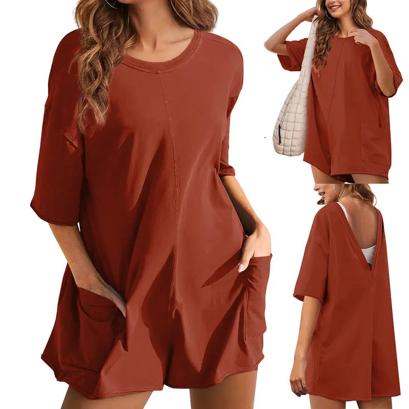 KingApril Women’s Oversized Rompers/Jumpsuits with V-Neck Back, Casual Athletic Workout T‑Shirt One‑Piece Activewear, Summer Vibes, Spandex, Ribbed,sohochic