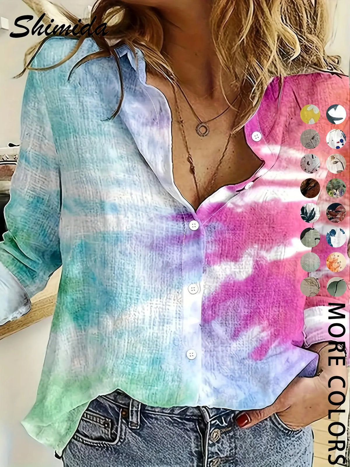 Women's Four-Season Button-Up Shirt, Digital Floral Print Long Sleeve Basic Blouse, Casual Vacation Lapel Boho Cottagecore Blouse, Soft Tops for Casual Daily Wear, Boho Style Shirt