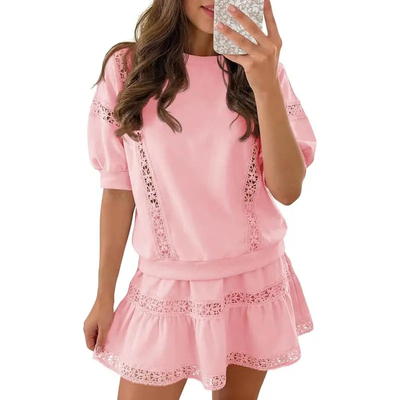 Fisoew Women's Cotton Lace Trim 2-Piece Set - Short Puff Sleeve Top & Ruffled Shorts, Trending Casual Matching Set for Summer Vacation Beach Lounging, Soft Ready-to-Wear Lacy Outfit SohoChic