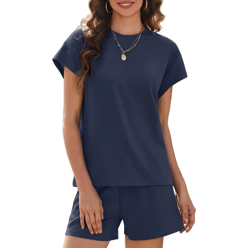PINSPARK Women's 2-Piece Matching Set - Summer Crewneck Top, Drawstring Shorts with Pockets, Soft Fabric, Casual Travel Outfits, 2026 Trendy Sports & Outdoor Lounge Wear