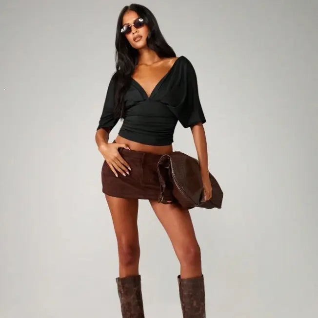 Women's Sexy Deep V-Neck Batwing Sleeve Crop Top Ruched Cinched Waist Short Blouse Fashion Y2K Casual Spring Summer Going Out Clubwear Dolman Shirts Elegant Pleated Slim Fit Tops for Women Trendy Streetwear Party Holiday Wardrobe Essential