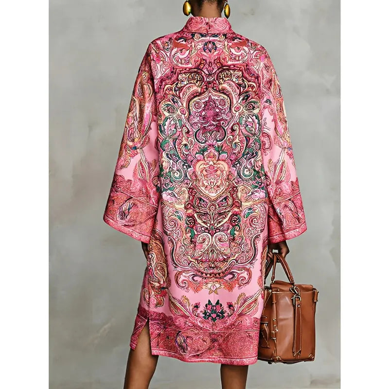 Women's 2026 New Spring Autumn Vintage Elegant Printed Mock Neck Midi Dress, Long Sleeves Loose Contrast Color Elegant Evening Midi Dresses Robe Womenswear
