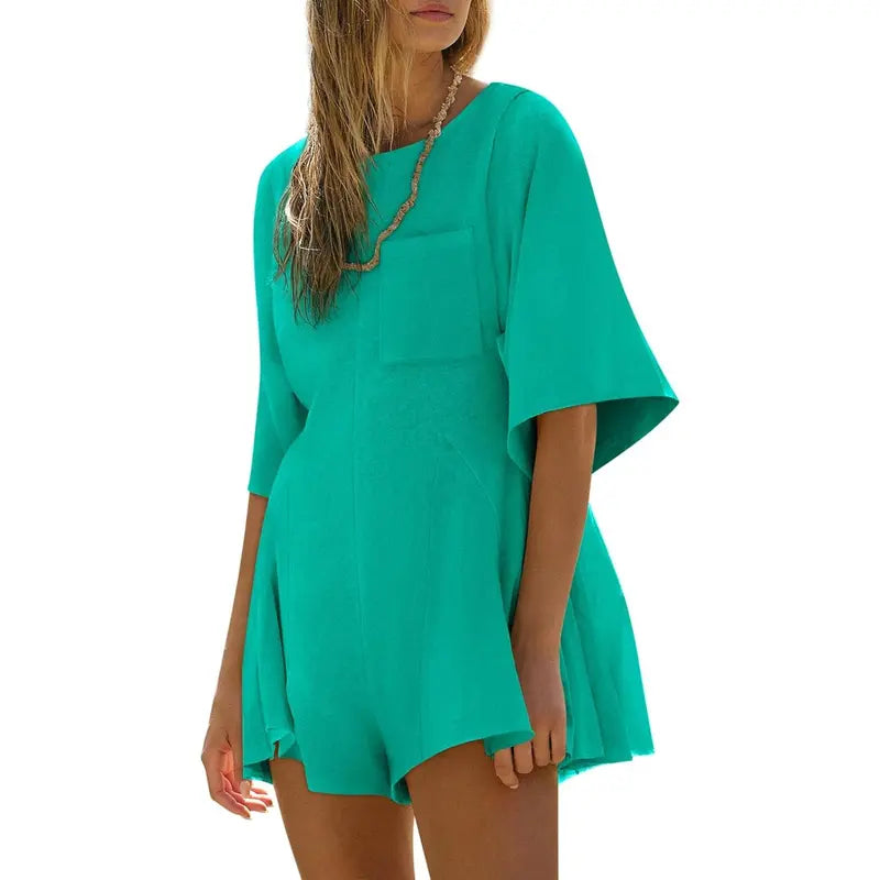 Imily Bela Rompers for Women Spring Outfits Summer Casual Short Sleeve Crew Neck Loose Jumpsuits with Pocket