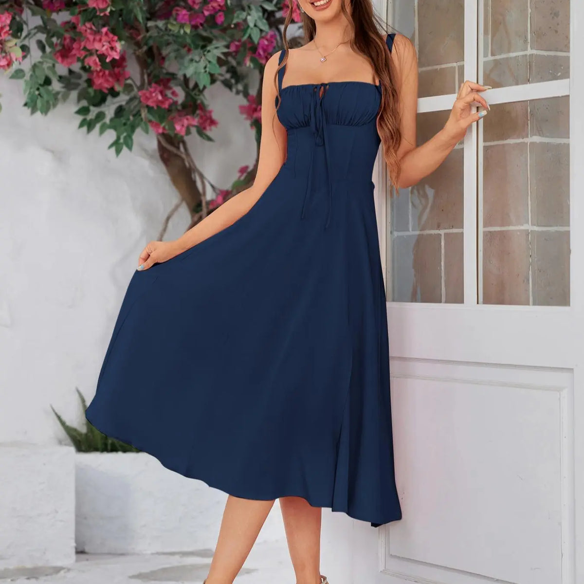 Parthea Women's Plain Ruched Boning Corset Milkmaid Dress, Lace Up Dress, Party Dress, Fit, Tie Front Dress, Aesthetic Square Neck Midi Dress, Dresses for Women, Frenchy Style Non Bodycon Dress Christmas, Formal Dresses, Adjustable Straps, Formal Wear