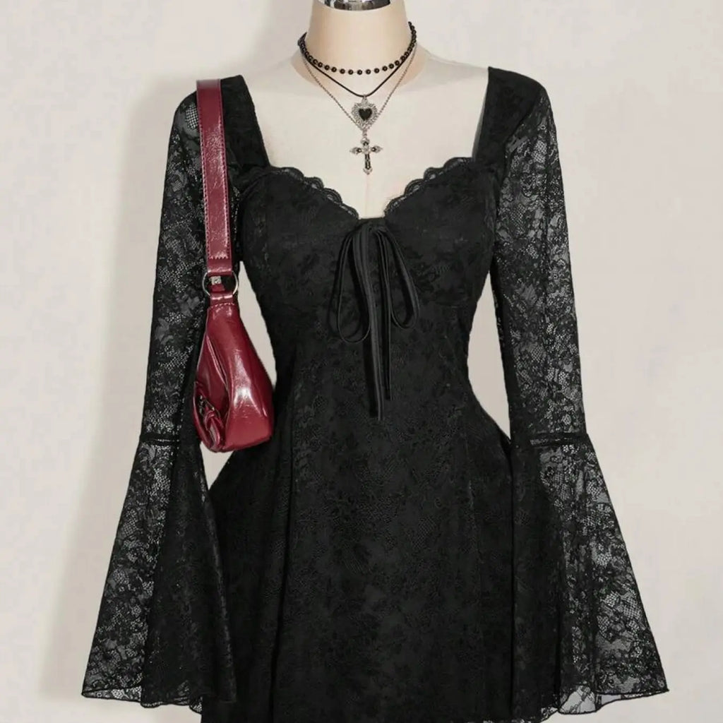 Women's Y2K Punk Lace Long Sleeve Sweetheart Neck Slim Fit Dress, Date Night Dresses, Womenswear, Festival Elegant Formal Style, Fashion Tight-Fitting Bodycon Dress for Summer & Early Fall