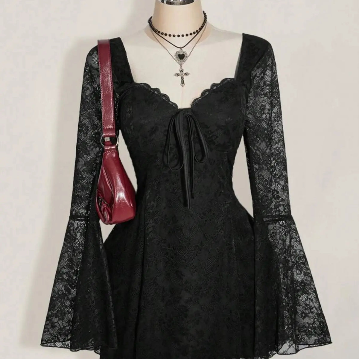 Women's Y2K Punk Lace Long Sleeve Sweetheart Neck Slim Fit Dress, Date Night Dresses, Womenswear, Festival Elegant Formal Style, Fashion Tight-Fitting Bodycon Dress for Summer & Early Fall
