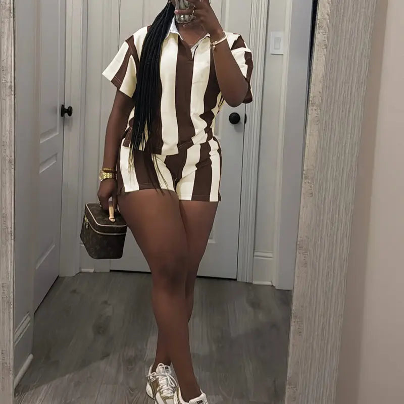 USBOUTIQUE CHIC Women's 2026 Spring Two Piece Set Striped Short Sleeve Top & Drawstring Shorts Casual Outfit for Comfort