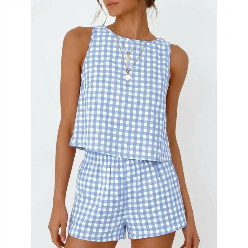 IDEALSANXUN Women's Cute 2-Piece Casual Knit Set - Ribbed Knit Gingham Tank Top with Button Accent, Matching Checkered Shorts, Cropped, Soft Lightweight Cotton, Elastic Waist, Summer Beach Outfit, Two Piece Sets