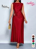 Aliling Elegant Chic Sleeveless Midi Dress for Women High Waist Folds Boat Neck Bodycon Fitted Solid Female Formal Evening Sexy Clothing Dresses for Party Perfect for Party and Dates Elegant Chic Gown Elegant Fashion Dress