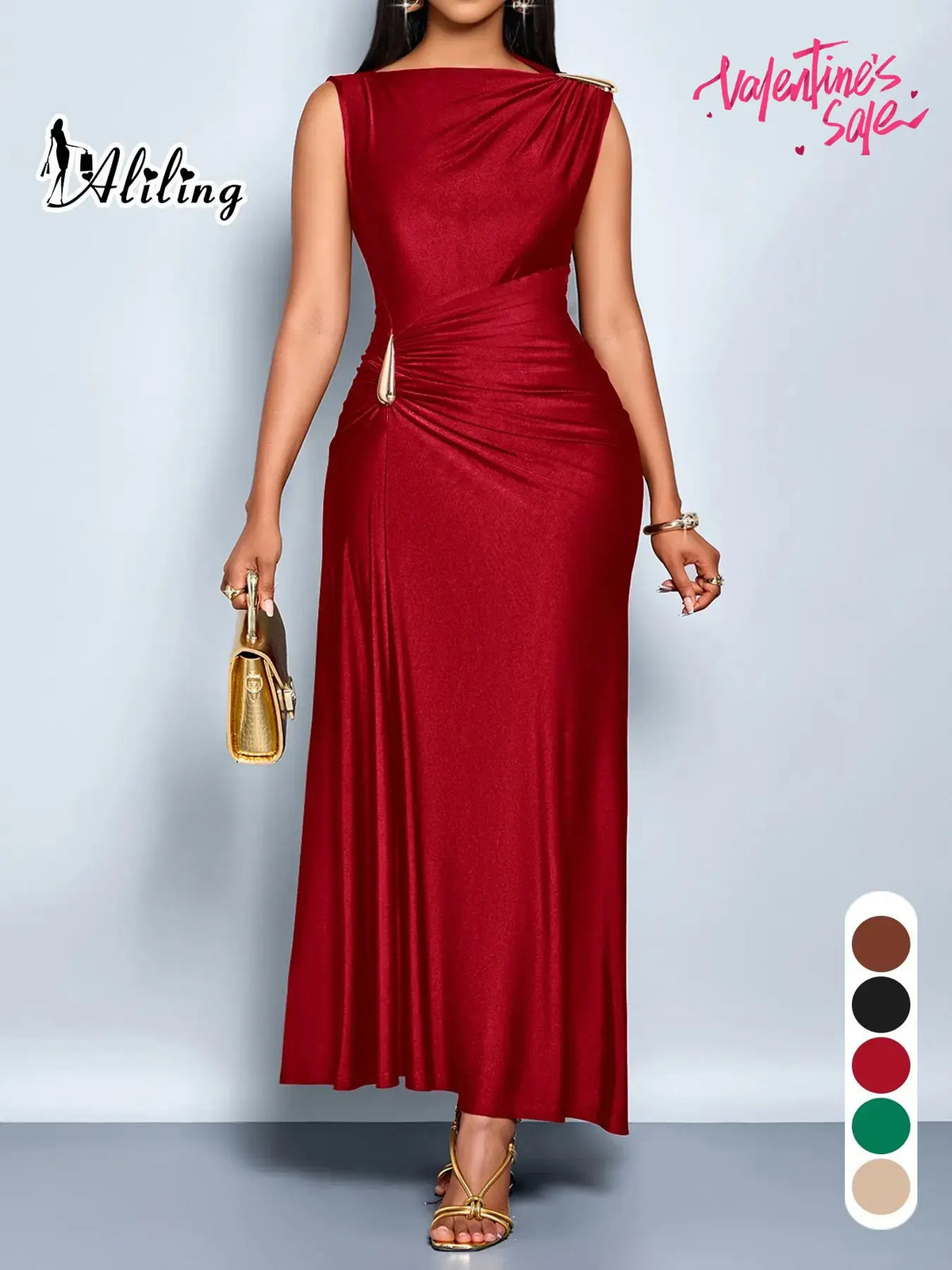 Aliling Elegant Chic Sleeveless Midi Dress for Women High Waist Folds Boat Neck Bodycon Fitted Solid Female Formal Evening Sexy Clothing Dresses for Party Perfect for Party and Dates Elegant Chic Gown Elegant Fashion Dress