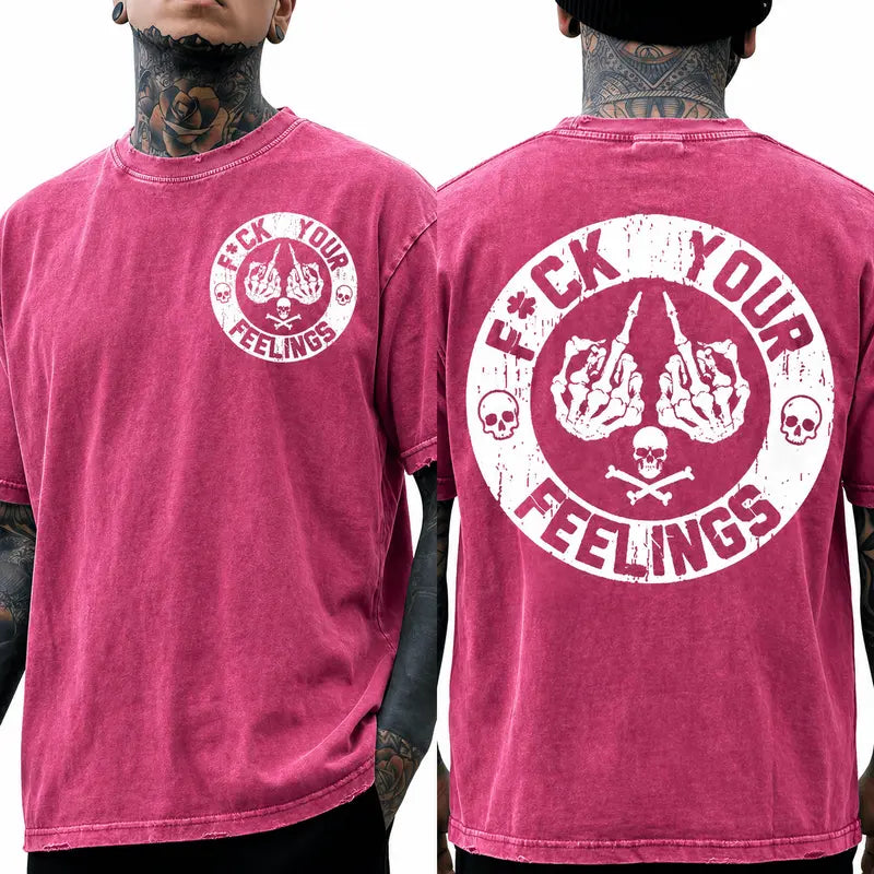 Men's "F*ck Your Feelings" Skull Graphic T-Shirt, Short-Sleeve Round Neck Loose Menswear, Bold Statement Limited Edition Fashion Streetwear Casual Angel Tee tiktokshopspringglowup,summervibes Cotton Tops Black Crewneck Tropical