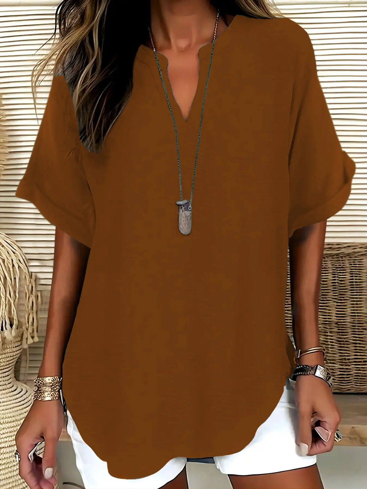 Women's Simple Basic Vintage Elegance Solid V-Neck Short Sleeve Batwing Shirt Blouses, Casual Loose-Fitting Lightweight Pullover, 100% Polyester, All Seasons Fashion Top Minimalist, Casual Daily Tops
