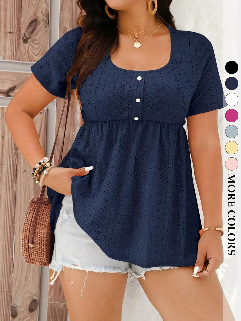 Women's Plus Size Babydoll Eyelet Peplum Top, Shirts, Boho Clothing, Short Sleeve Scoop Neck Pearl Button Casual Chic Bohemian Blouse, Flowy Tummy Control Fit Boho Summer Style