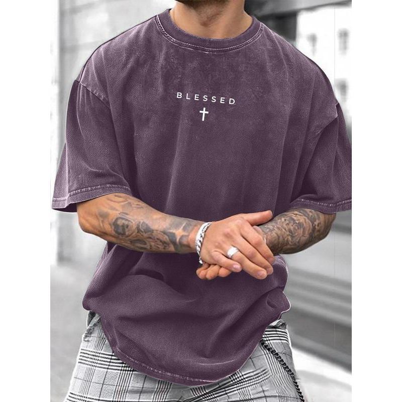 Women's Premium Cotton Fabric Round Neck Short Sleeve T-Shirt - Soft Touch, Vintage Washed, Cross & Letter Graphic, Breathable, Easy to Layer, Casual Street Summer Top for Daily Wear