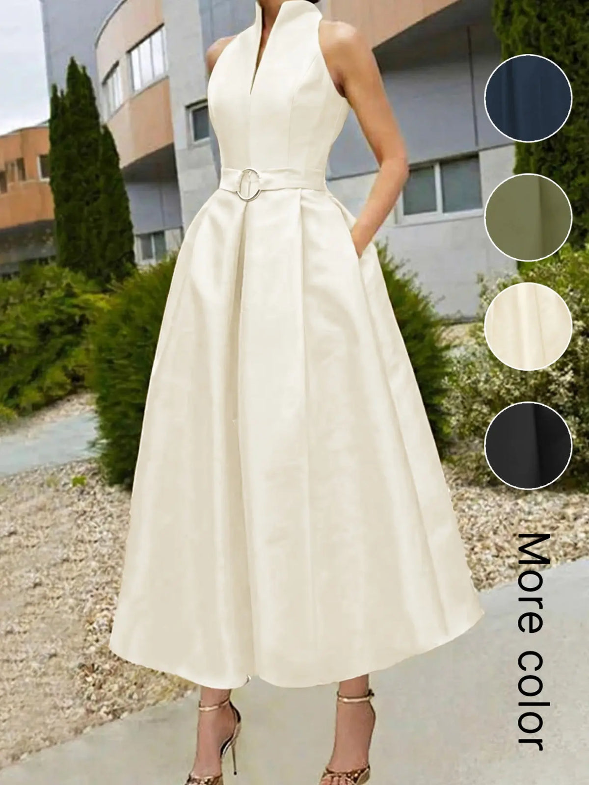 Elegant Chic Women's Party Dress Formal Wear, Solid Tie-Waist A-Line Skirt, Spring Summer New, Sleeveless V-Neck Commuter Dress for Urban Style, Elegant Minimalist Dress