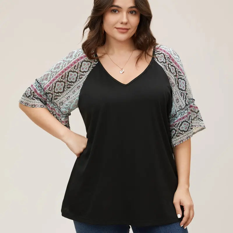 BloomChic Boho Print Patchwork Raglan Sleeve T-shirt 【M-6XL】