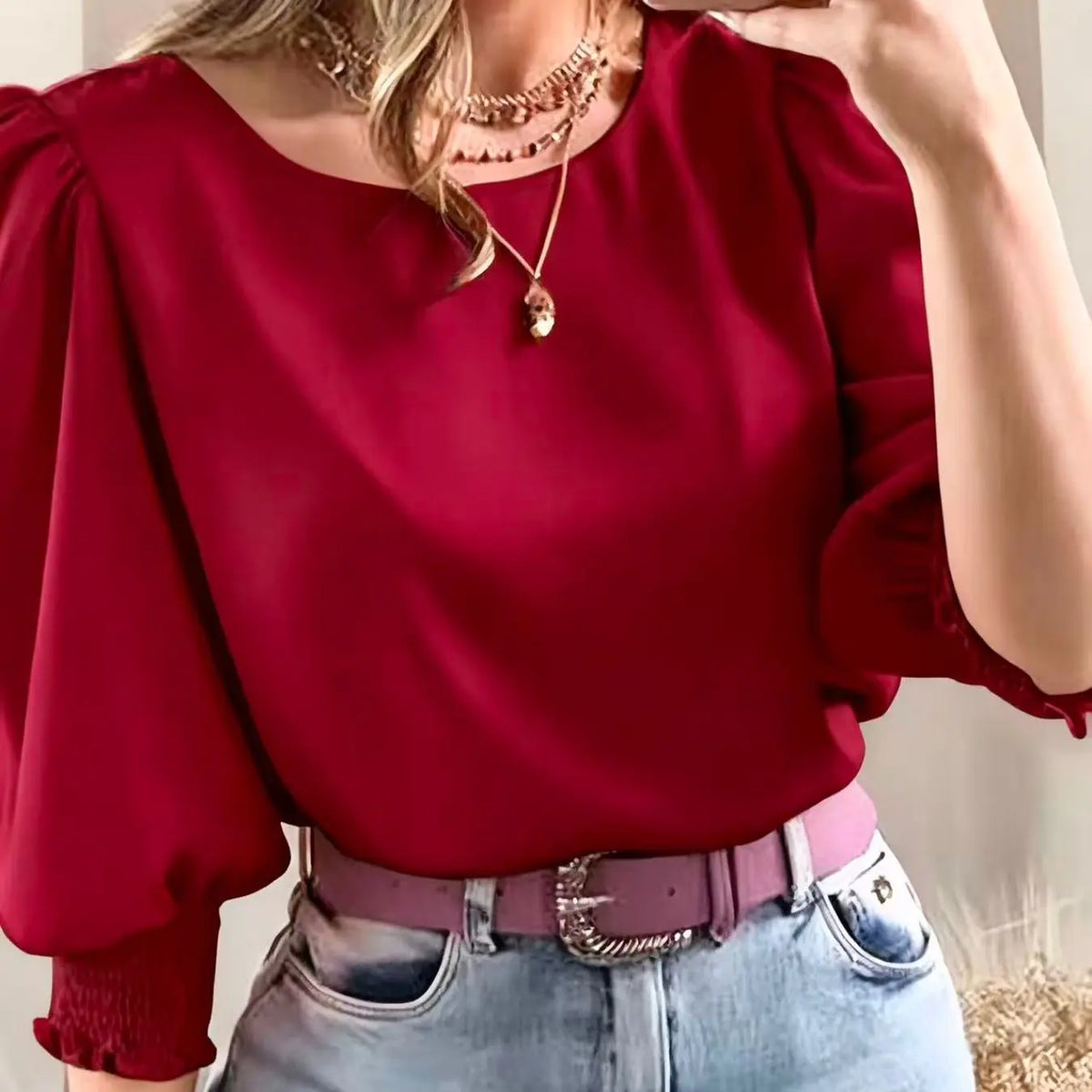Women's Elegant Casual Chic Shirt with Gathered Cuffs, Boho Loose Blouse, Fashionable Blouse for Daily Wear, Stylish Ladies' Top for Comfort and Style