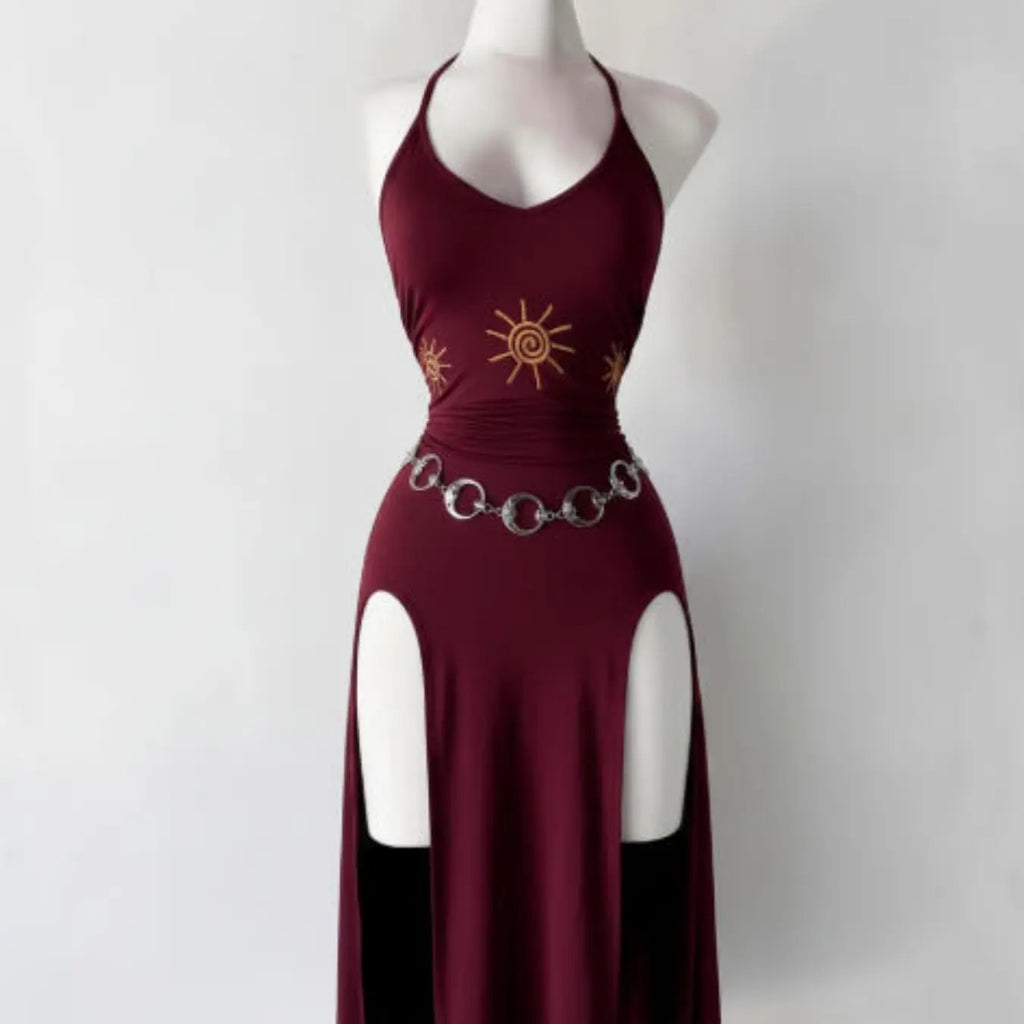 Vintage Gothic Halter Tie Dress, Slimming Split Midi Dress, Dark Theme Party Gown, Unique Retro Style, Perfect for Ceremonies, Elegant Party Dresses