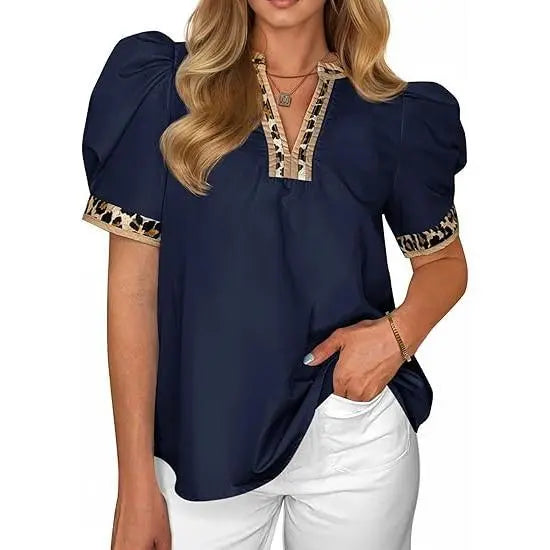TANKANEO Women's Elegant Chic V-Neck Puff Sleeve Polyester Blouse - Dressy Tops for Coffee, Party, Summer, Loose Fit with Floral or Leopard Prints, Blouses for Women