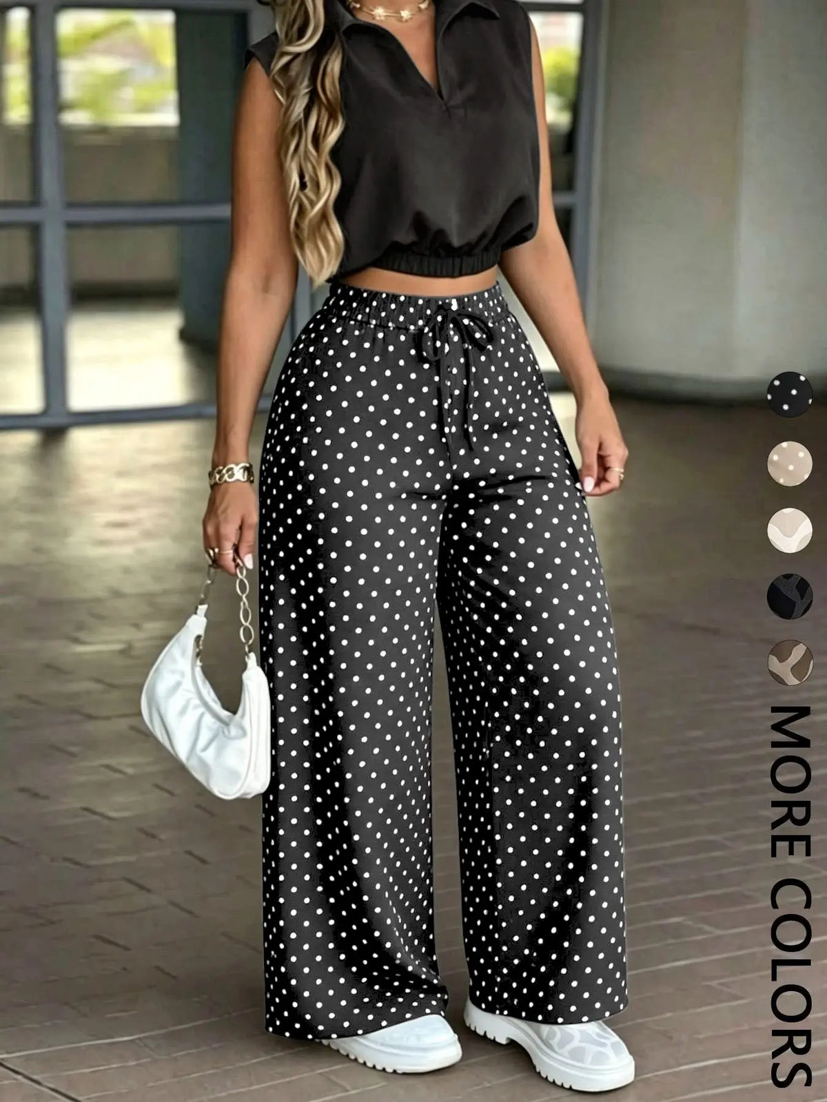 Women's 2-Piece Casual Office Sleeveless Collared Short Crop Top + High-Waisted Adjustable Drawstring Wide Leg Pants, Daily Wear Essential Set
