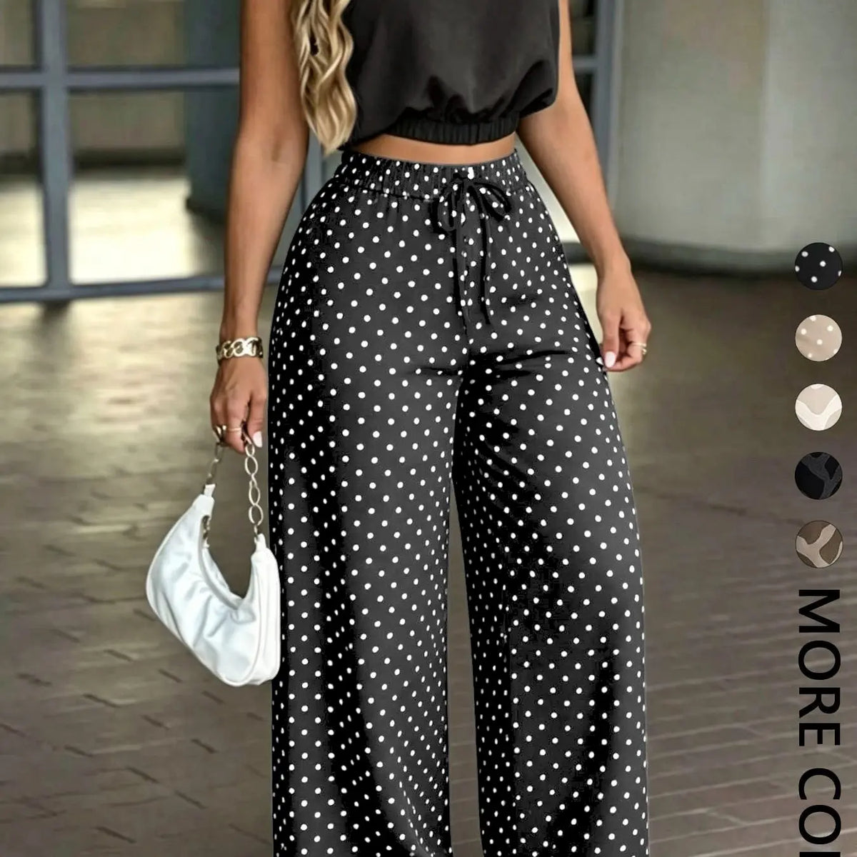 Women's 2-Piece Casual Office Sleeveless Collared Short Crop Top + High-Waisted Adjustable Drawstring Wide Leg Pants, Daily Wear Essential Set