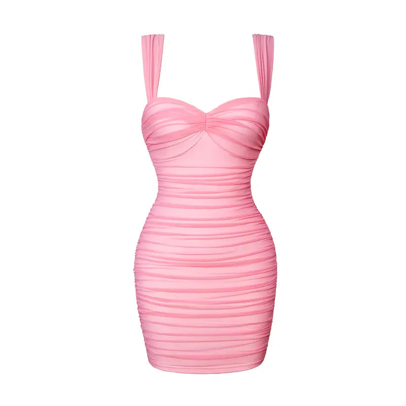 HYZ Women's Summer Sexy Bodycon Sleeveless Tank Straps Mesh Ruched Mini Party Dress