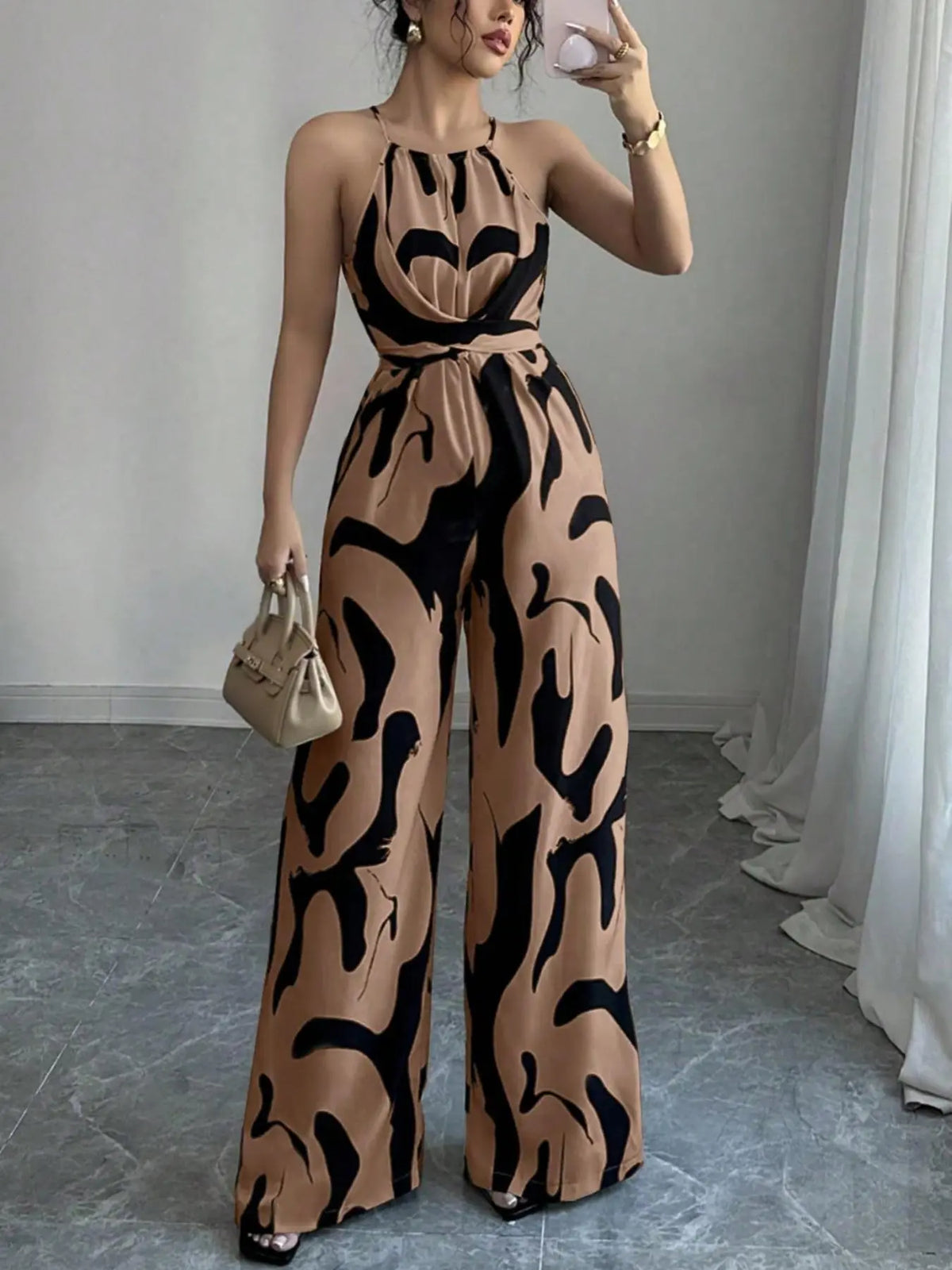 Women's All-Over Print Halter Neck Wide-Leg Jumpsuit, One Piece Jumpsuits, Sleeveless Casual Party Jumpsuit for Holiday Vacation & Daily Wear, Ladies' Spring & Summer Clothes
