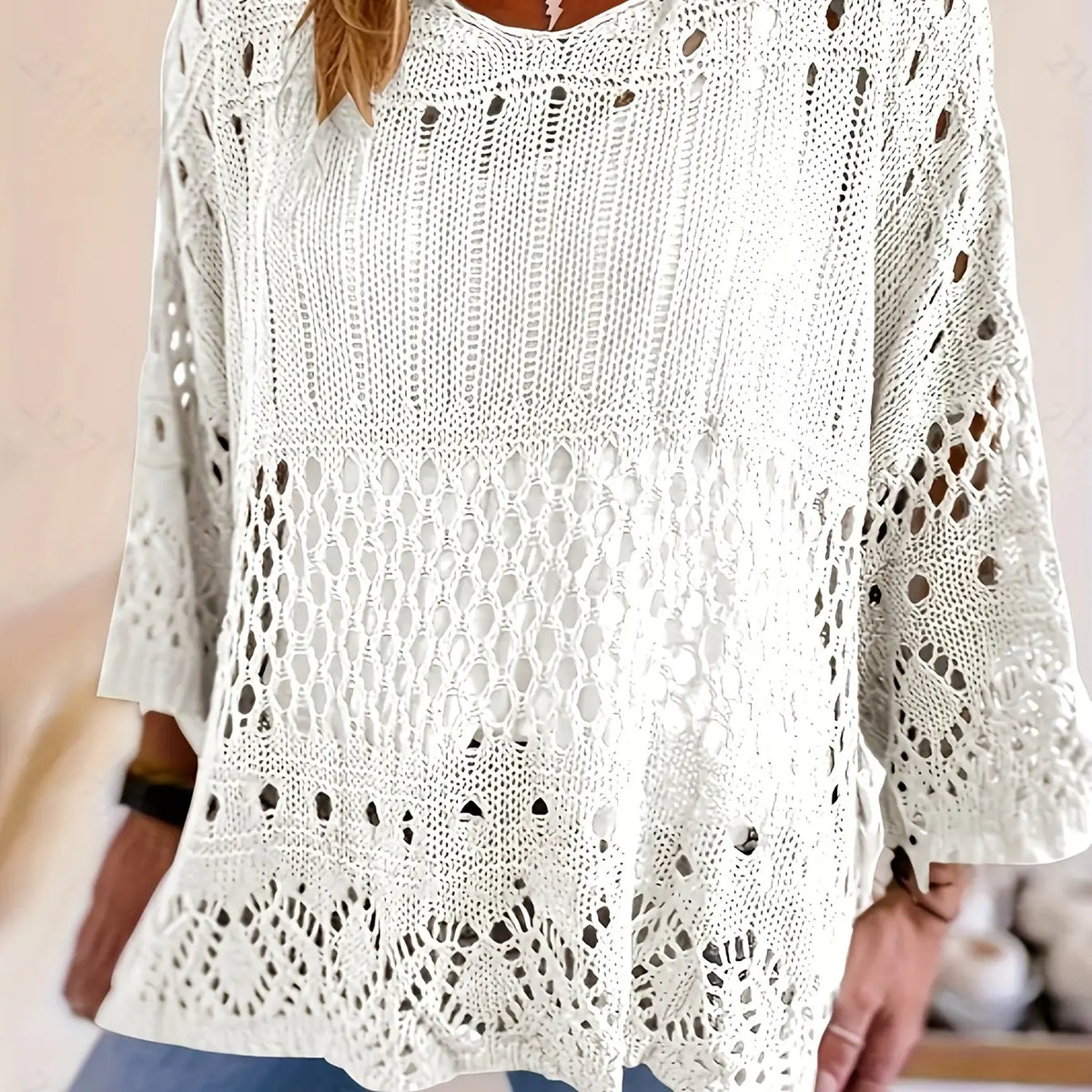 Plus Size Women's Summer Hollow Out Round Neck Knit Top, Oversized, Casual Elegant Vacation Style, Loose Oversize Batwing Shoulder, Spring Summer Wear, Sweater Knitwear