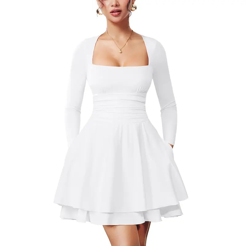 OYS Women's Square Neck Ruffle Hem Mini Dress Ruched Waist Long Sleeve Corset Short Party Dresses With Pockets