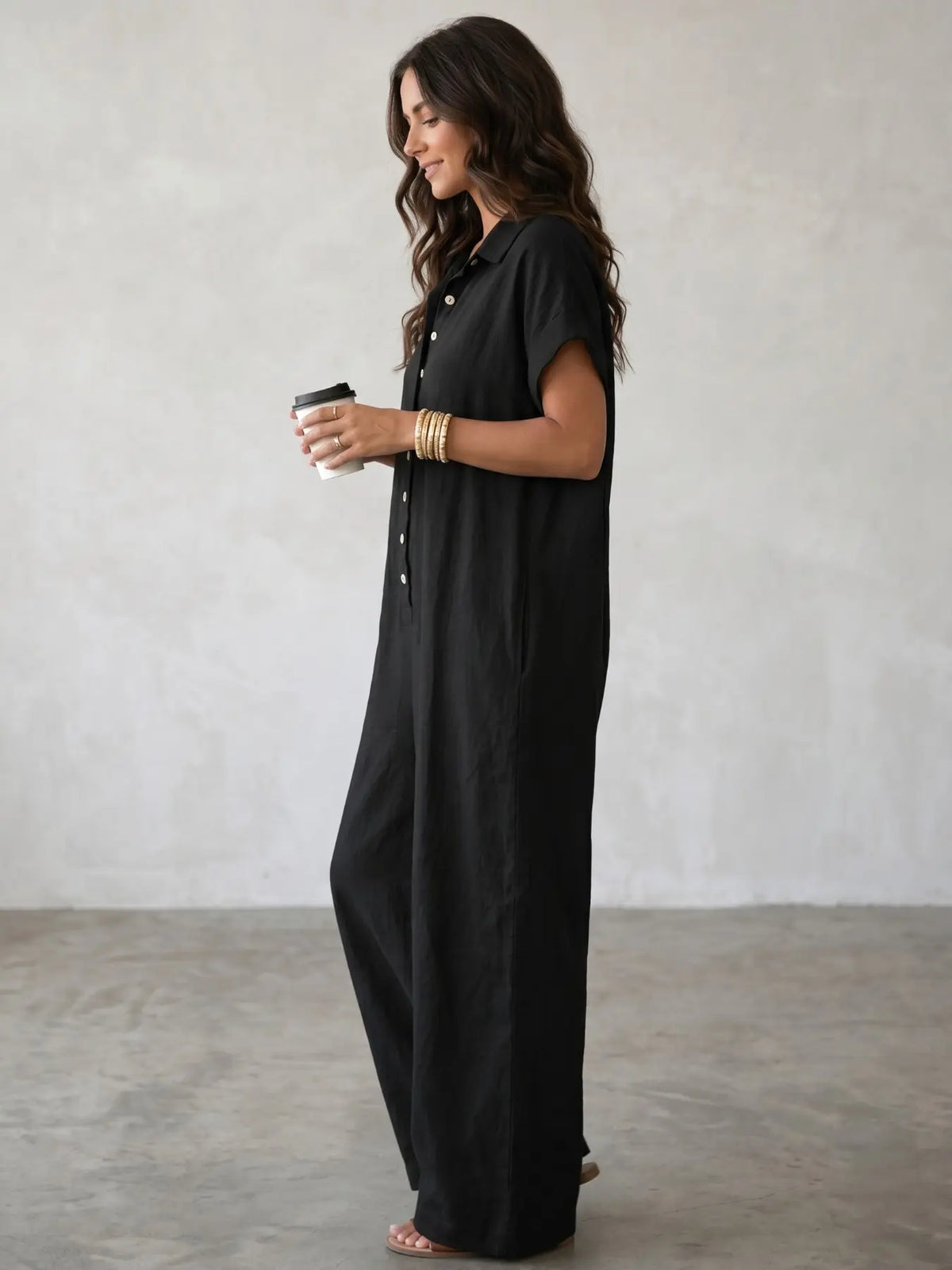 Women's Casual Minimalist Loose-Fitting Jumpsuit, Summer Short Sleeve Collared Print Jumpsuit, Wide Leg Long Pants with Button Closure