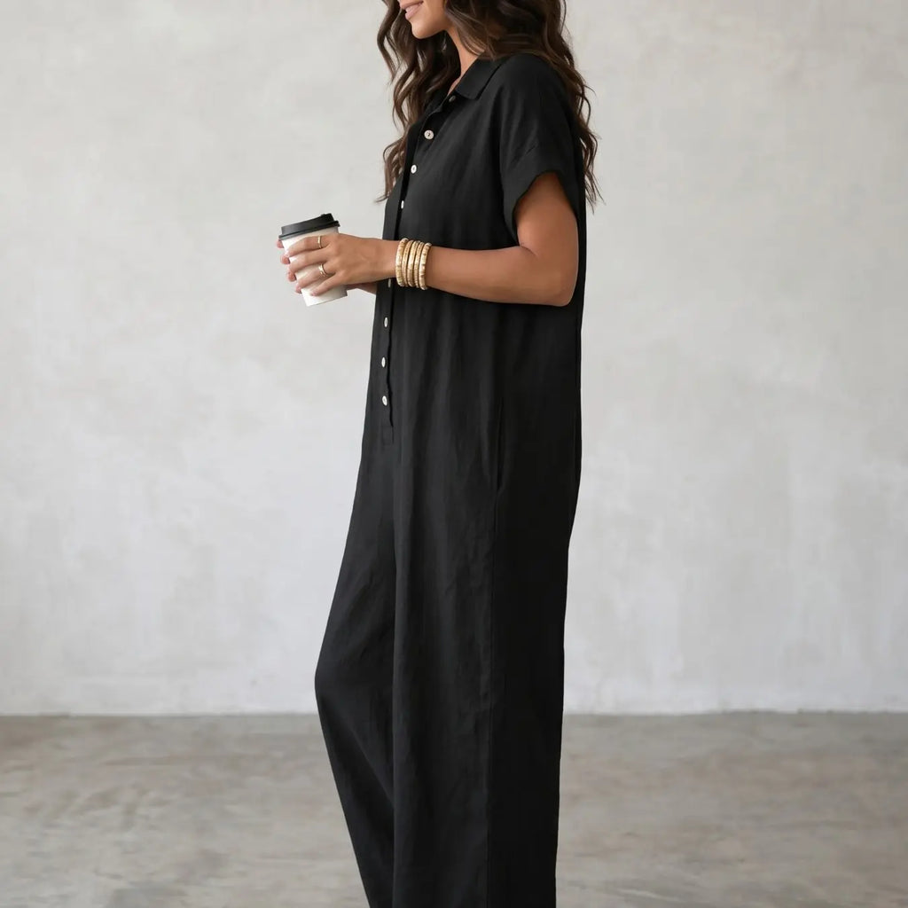 Women's Casual Minimalist Loose-Fitting Jumpsuit, Summer Short Sleeve Collared Print Jumpsuit, Wide Leg Long Pants with Button Closure