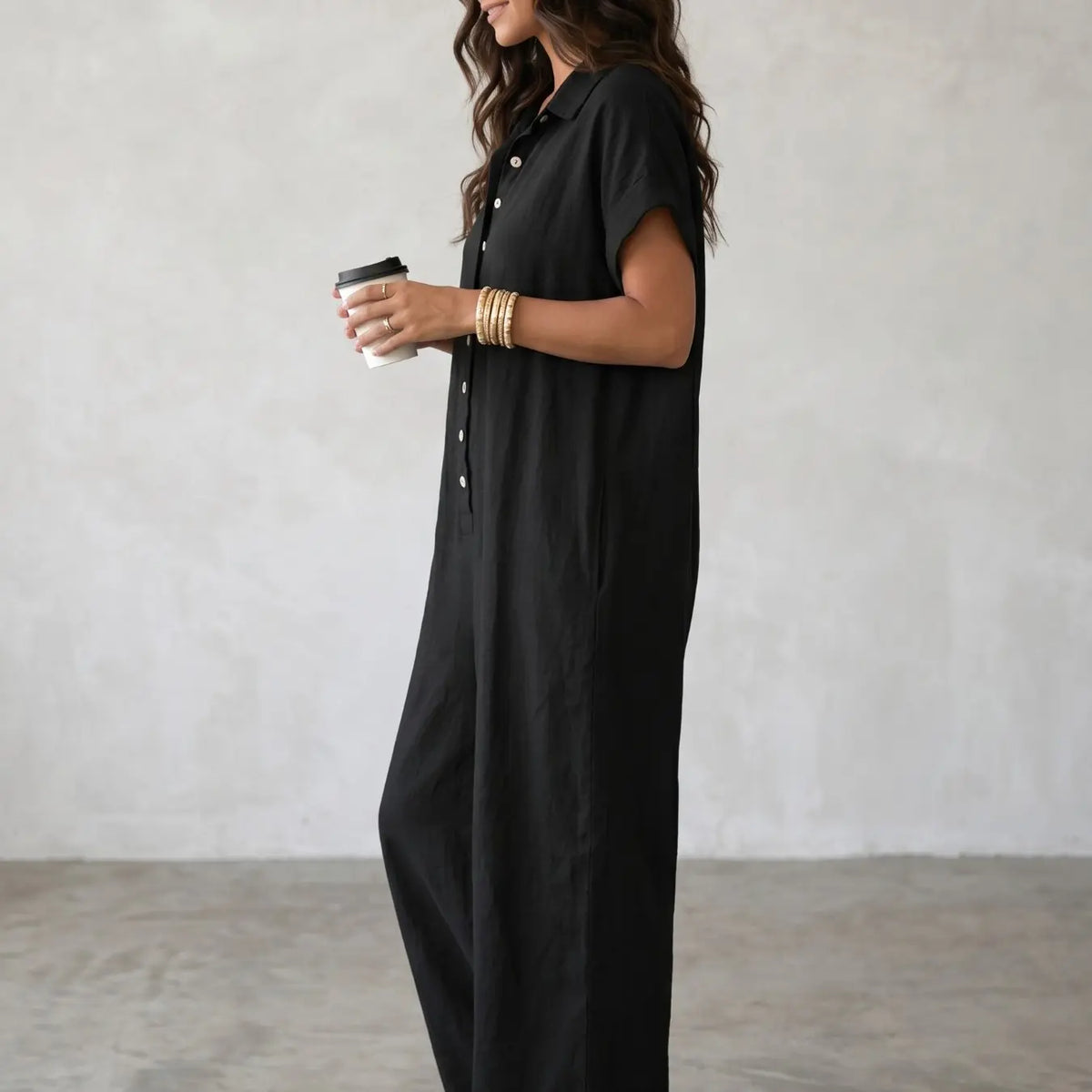Women's Casual Minimalist Loose-Fitting Jumpsuit, Summer Short Sleeve Collared Print Jumpsuit, Wide Leg Long Pants with Button Closure
