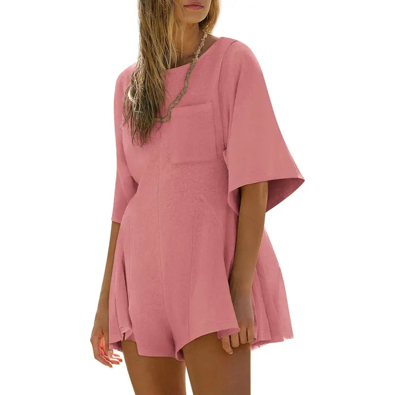 Imily Bela Rompers for Women Spring Outfits Summer Casual Short Sleeve Crew Neck Loose Jumpsuits with Pocket