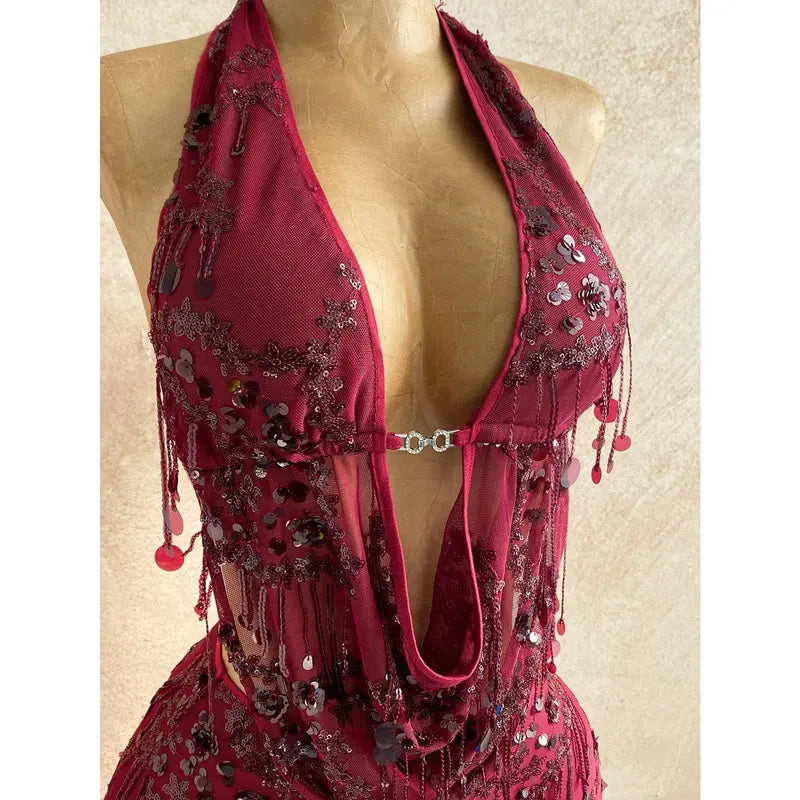 2pcs Fitted Shiny Fringe Sequin Drape Neck Camisole And Mini Skirt Set, Suitable For Music Festivals, Parties