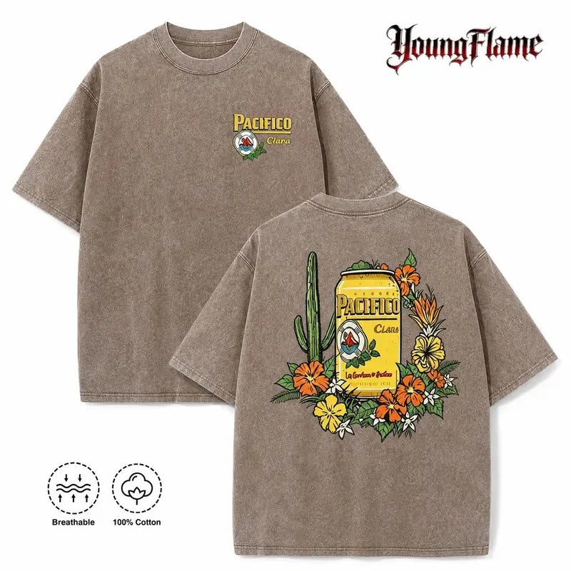 Vintage Acid Wash Tropical Beer Graphic Tee Baja Surfcore Streetwear Y2K Clothing Oversized Summer Top shirts unisex casual streetwear tee trendy short sleeve top loose fit casual shirt cotton t-shirt