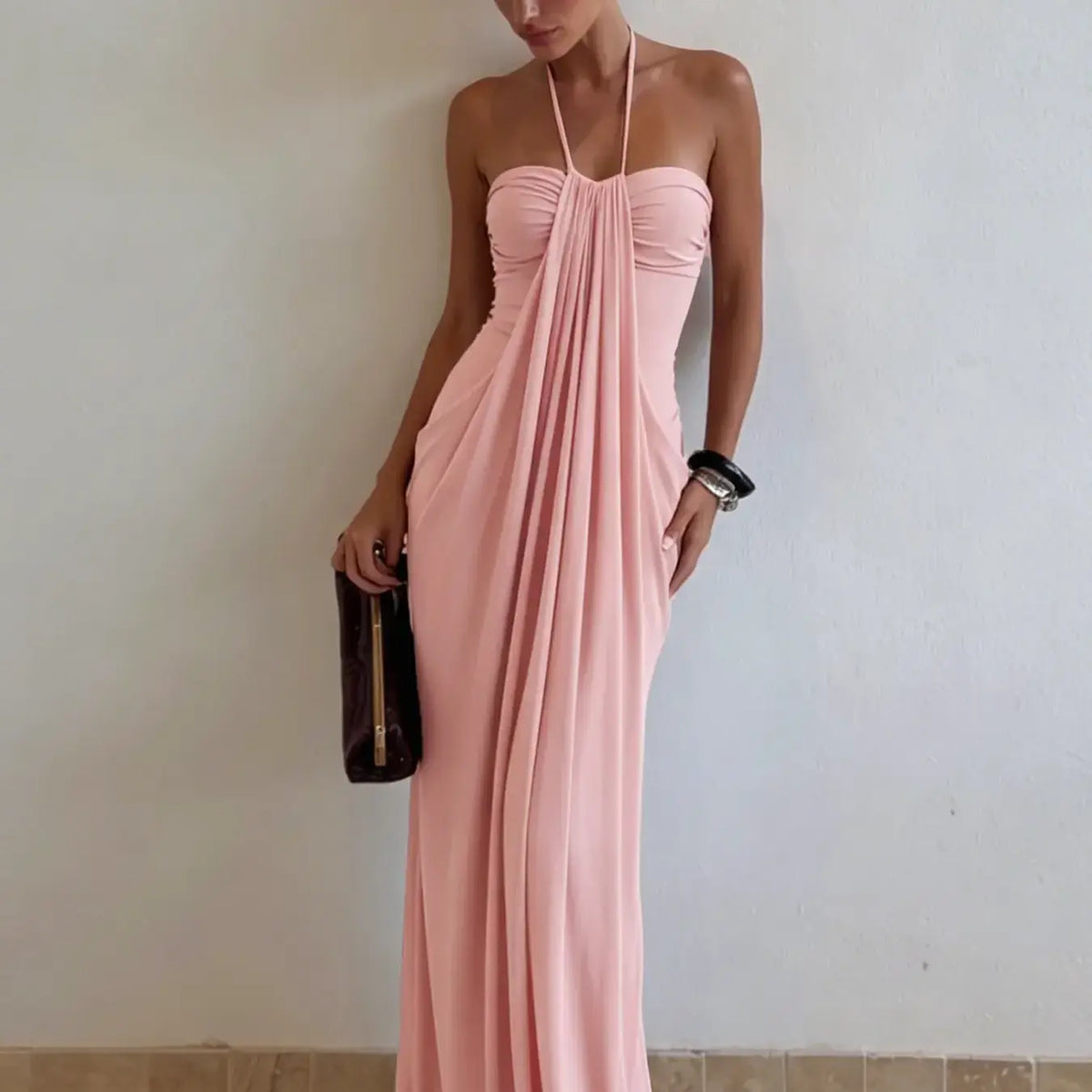 Women's Solid Color Ruched Bodycon Halter Dress, Sexy Sleeveless Strapless Backless Plicated Slim Fit Tube Dress, Party Club Date Evening Gown Formal Dress, Elegant Casual Daily Maxi Long Dresses For Ladies All Seasons Summer Fashion Clothes Wear