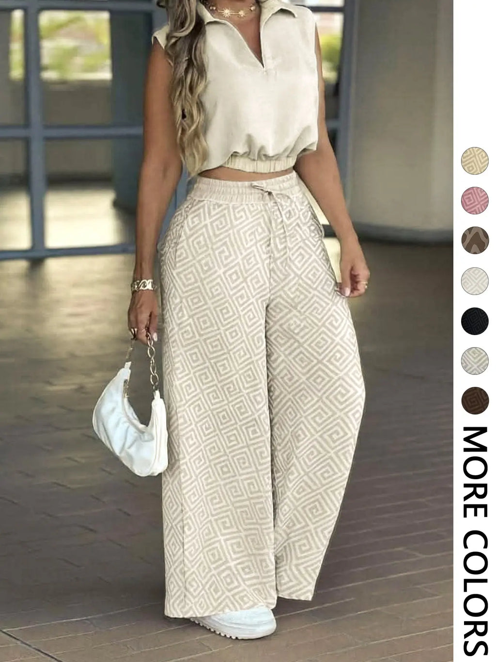 2-Piece Women's Casual Commuter Clothes Set, Two Pieces Outfits, Sleeveless Collared Waist-Defined Top with High-Waisted Adjustable Drawstring Wide-Leg Pants