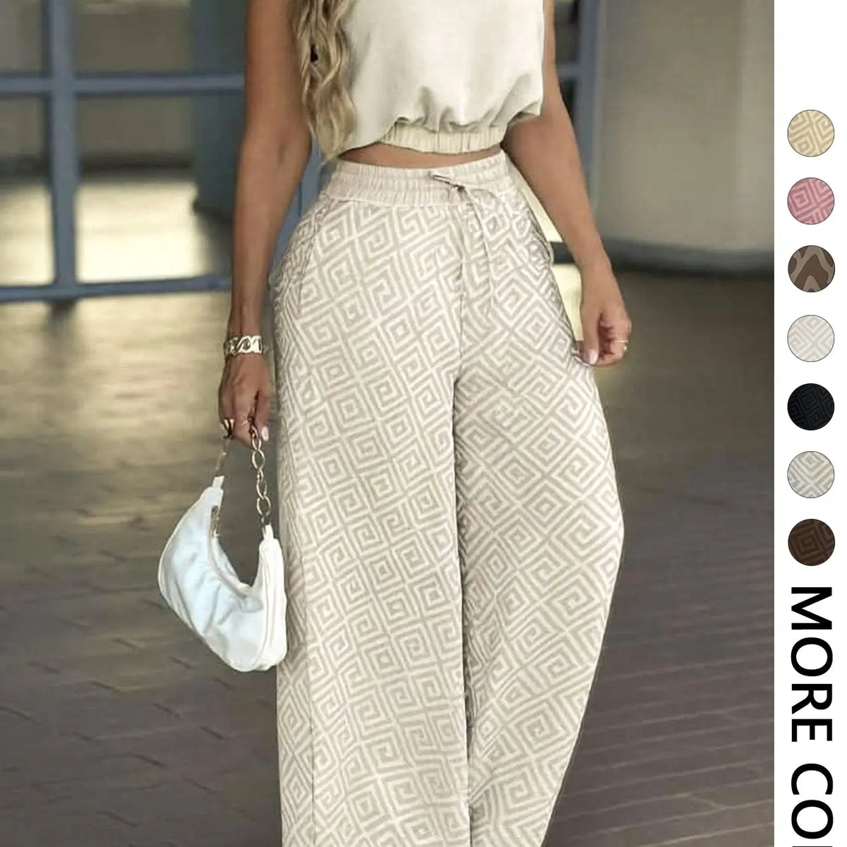 2-Piece Women's Casual Commuter Clothes Set, Two Pieces Outfits, Sleeveless Collared Waist-Defined Top with High-Waisted Adjustable Drawstring Wide-Leg Pants