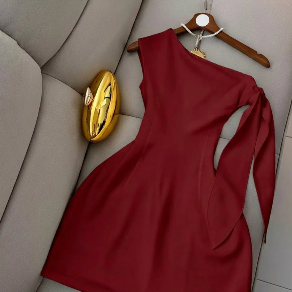 Women's Chic One-Shoulder Knitted Dress with Long Draped Shoulder Ribbon Tie, Slim-Fit Short Evening Cocktail Dress for Dates, Parties and Formal Occasions, Womenswear