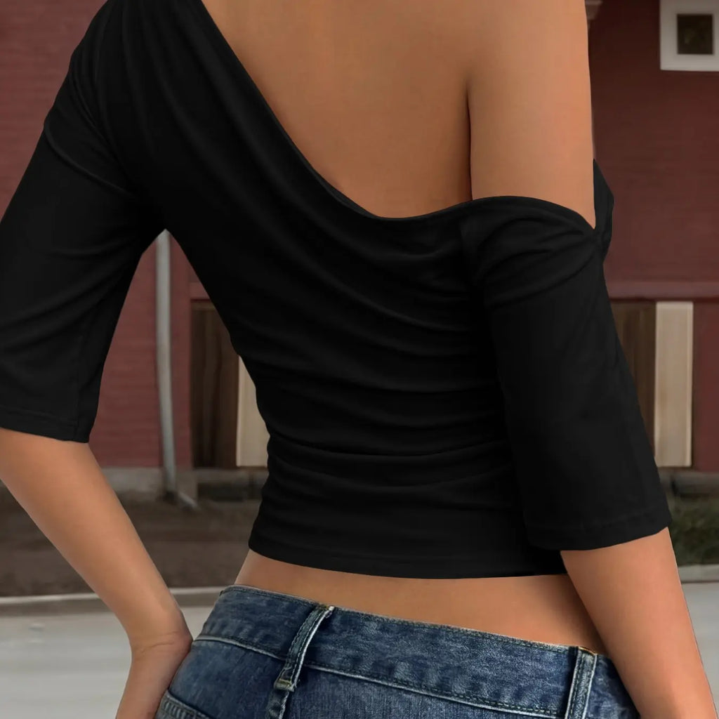 Asymmetrical One Shoulder 3/4 Sleeve Top, Slim Fit Ruched Stretch Tee, Y2K Streetwear Sexy Crop Top for Women, Summer Casual Going Out Womenswear, Figure Flattering Chic Basic Essential