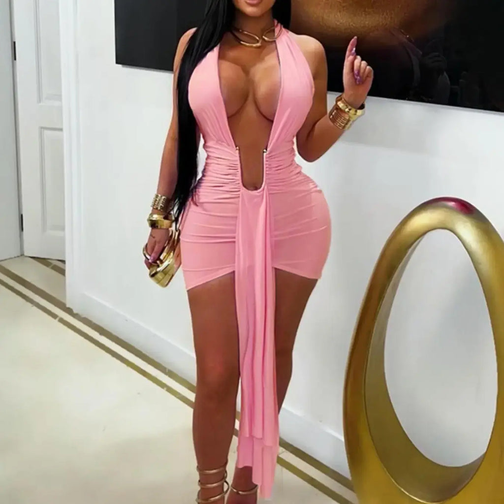 Women's Deep Plunge Halter Bodycon Dress with Metal Ring, Sexy Party Dress for Nightclubs, Music Festivals, and Cocktail Parties, Fit
