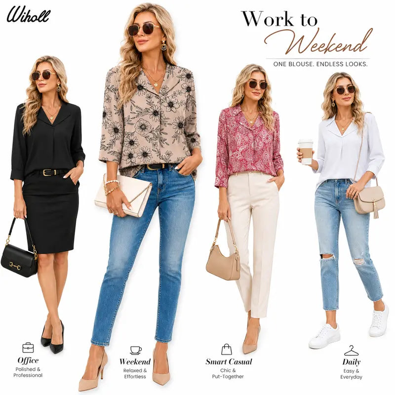 WIHOLL Women's Chic 3/4 Sleeve V-Neck Blouse - Soft, Breathable, Quick Dry Business Casual Top, Women's Tops and Blouses, Corporate Office Wear, Summer to Fall Essential, Going Out Option