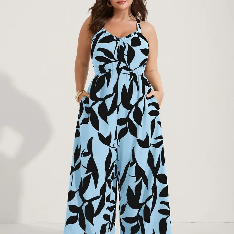 BloomChic Women's Plus Size Boho Wide Leg Jumpsuit - Plus Size Fashion, Overalls for Women, Geometric Print, Sleeveless V-Neck, Lightweight Wide Pants, Pockets, Casual Summer Vacation Outfit [M-6X]