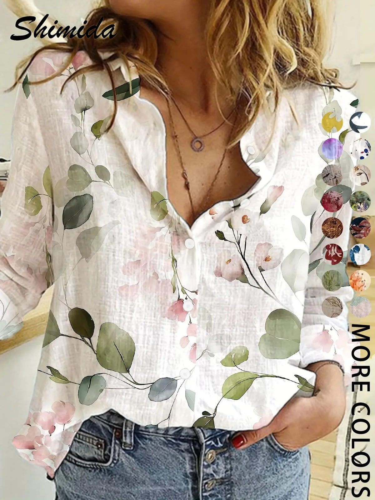 Women's Four-Season Button-Up Shirt, Digital Floral Print Long Sleeve Basic Blouse, Casual Vacation Lapel Boho Cottagecore Blouse, Soft Tops for Casual Daily Wear, Boho Style Shirt