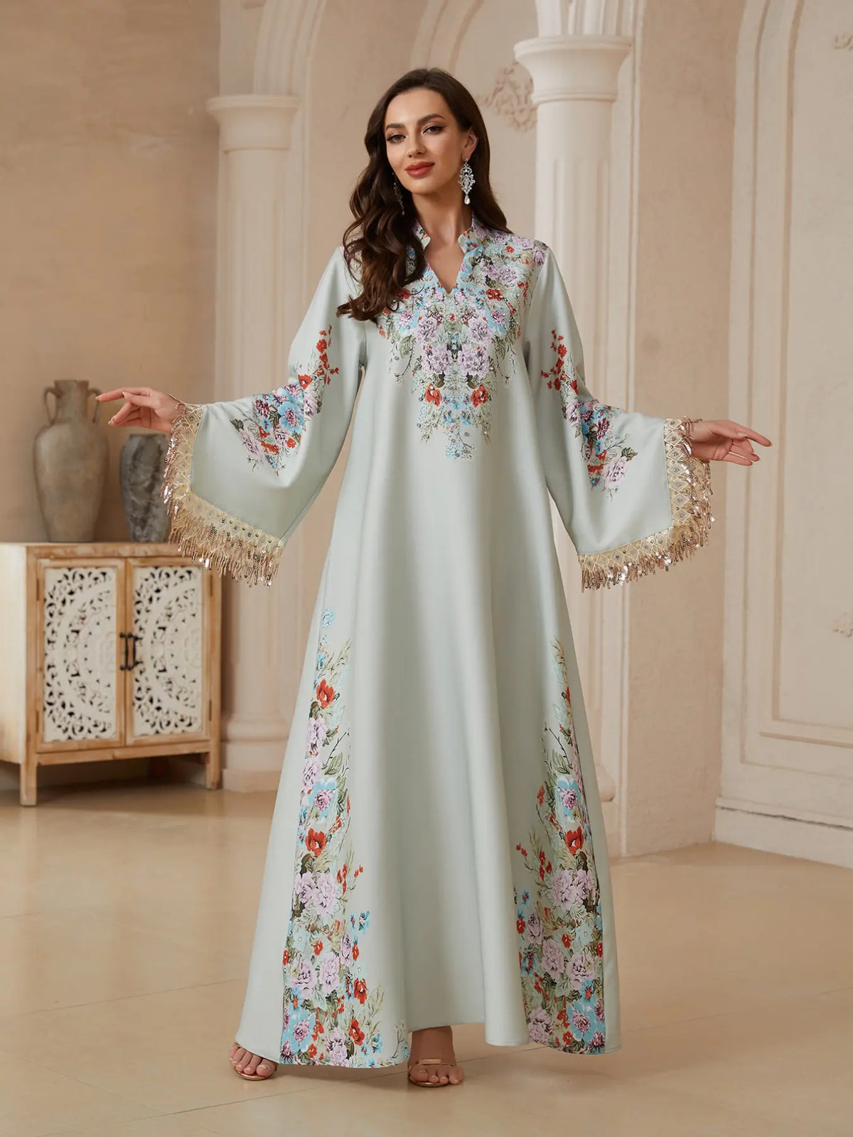Women's Elegant Long Dress, Chic Elegant Formal, Loose Fit Ethnic Print, Long Sleeve, Lace-Up Design, All-Season Wear, Perfect for Evening Occasions & Special Events, Dresses for Party