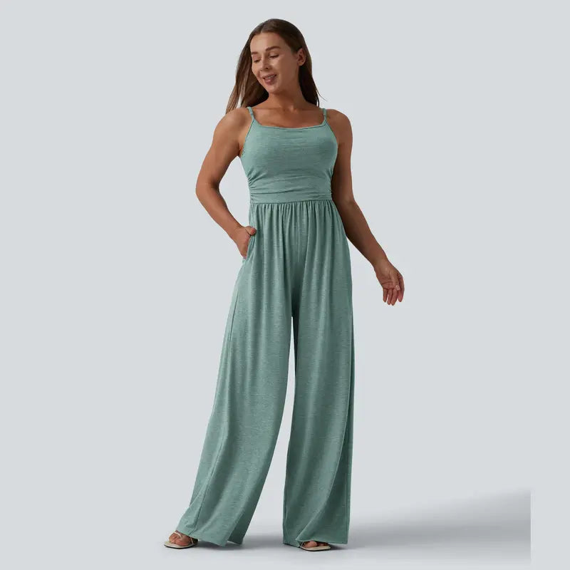 Halara Adjustable Straps Ruched Wide Leg Heathered Casual Jumpsuit with Pockets-Easy Peezy