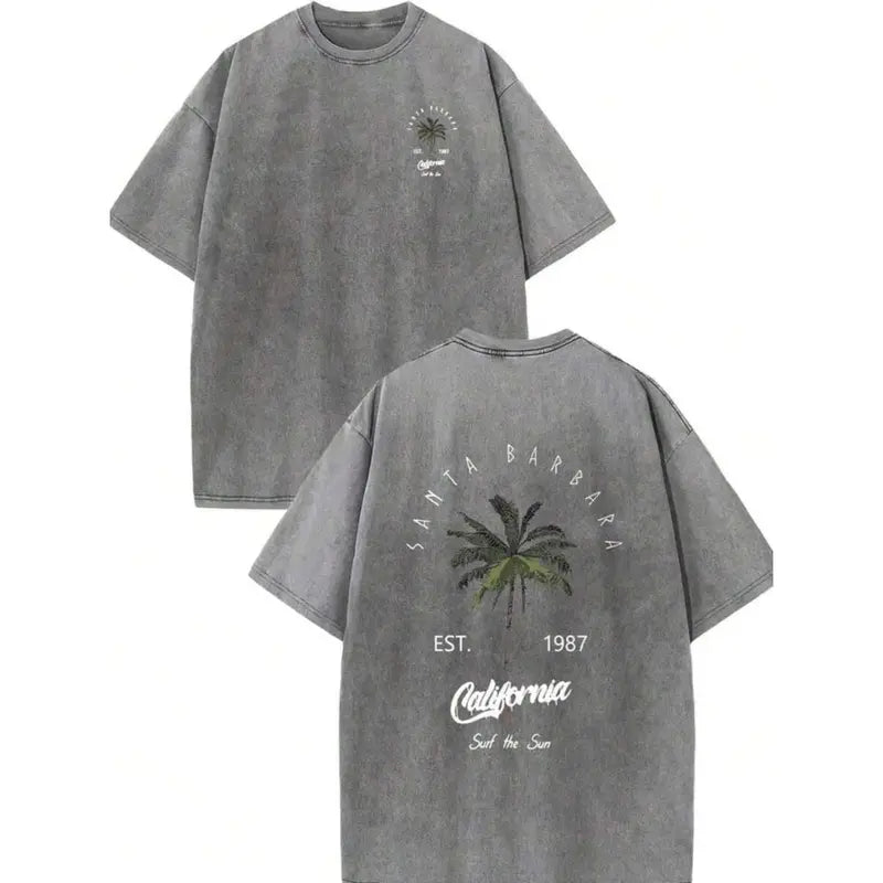 Vintage Santa Barbara California T-Shirt, Retro Washed Cotton Oversized Short Sleeve Tee, EST. 1987 Surf The Sun Palm Tree Graphic Casual Summer Top for Men Women