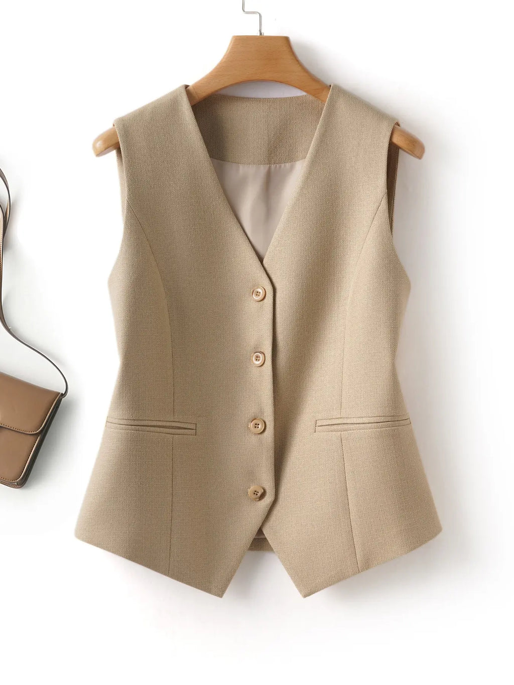 Women's V-Neck Button Gilet, Button Front Vest, Short Elegant Vest for Spring & Fall, Casual Plain Surface Outerwear, Fashionable Slim Fit Top