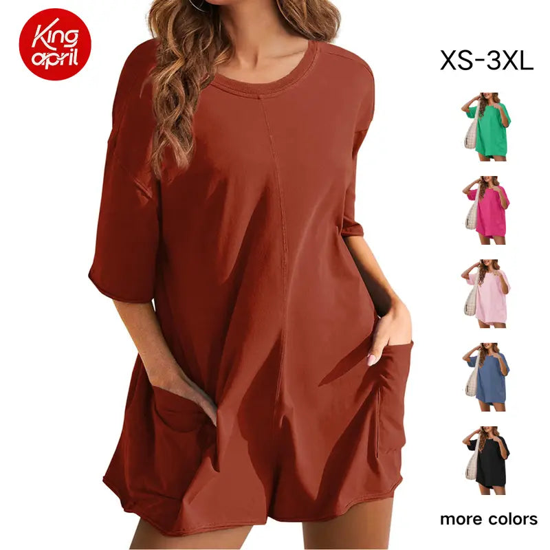 KingApril Women’s Oversized Rompers/Jumpsuits with V-Neck Back, Casual Athletic Workout T‑Shirt One‑Piece Activewear, Summer Vibes, Spandex, Ribbed,sohochic